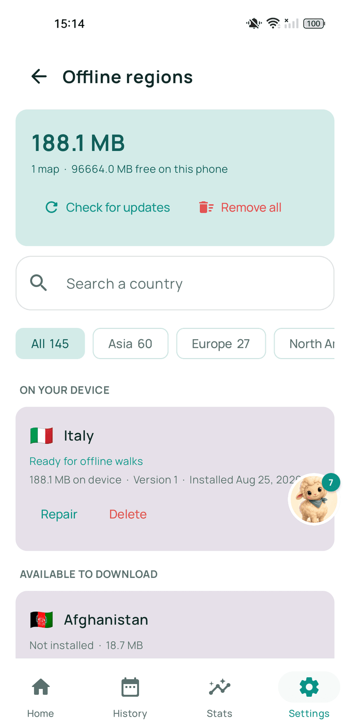 The Offline regions screen: 188.1 MB held on this phone, Italy listed as ready for offline walks with Repair and Delete beside it, and the rest of the 145 regions below, available to download.