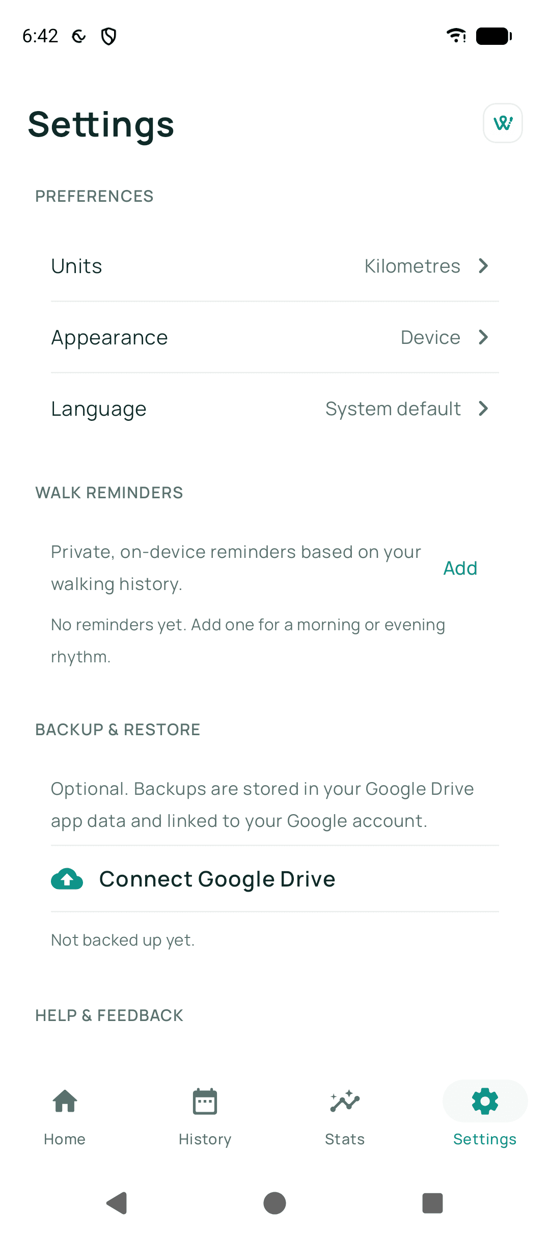 Walkable's settings screen: units in kilometres, appearance, language, a walk reminders section describing private on-device reminders, and a backup section offering to connect Google Drive, currently not backed up.