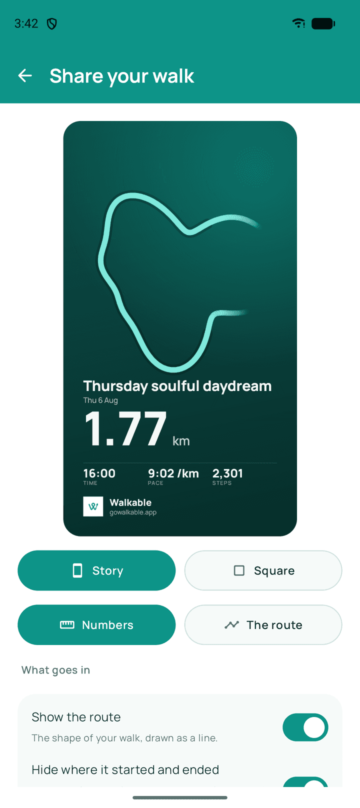 The Share your walk screen: the card as it will be exported — the shape of the route, the title, 1.77 km, time, pace and steps — above the Story and Square shapes and switches for what goes in, including hiding where the walk started and ended.