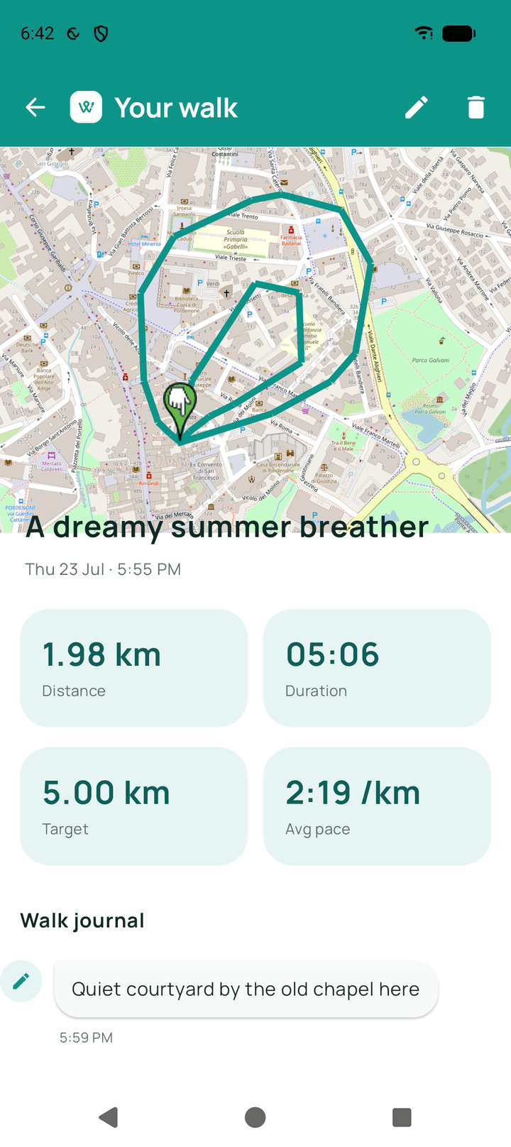 The same saved walk further down: 1.98 km in 5:06 against a 5.00 km target, a walk journal holding a note written at 5:59 PM, and the pencil and bin that edit or delete the walk.