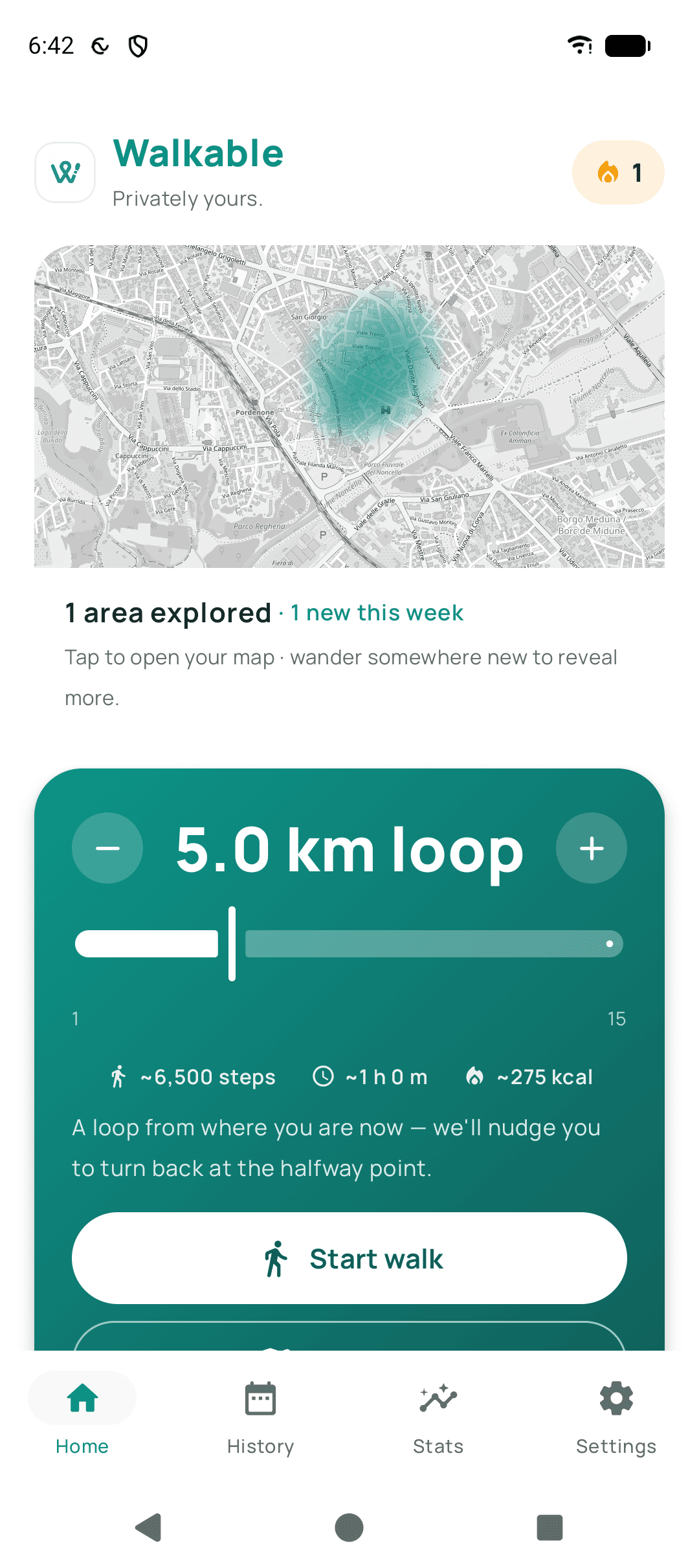 Walkable's home screen. A map shows one softly filled area already explored, and a card set to a 5.0 km loop lists roughly 6,500 steps, about one hour and around 275 kcal, above a Start walk button.