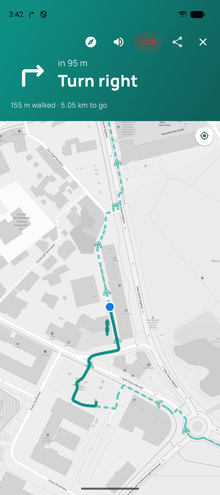 Guidance while you walk: “Turn right in 95 m”, with 155 m walked and 5.05 km to go, and the route drawn ahead of you on the map.