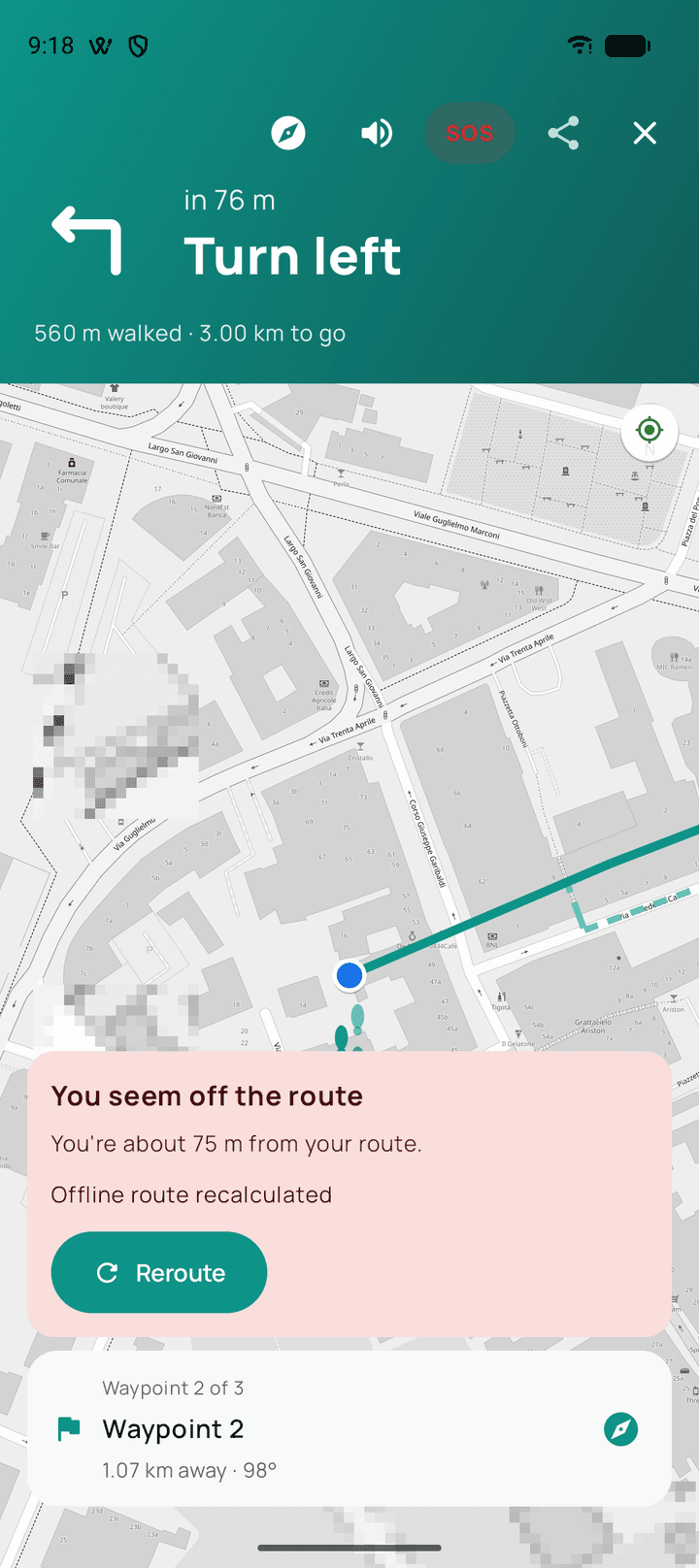 The off-route notice: “You seem off the route — you're about 75 m from your route”, the line recalculated offline, and a Reroute button that waits for you to press it.
