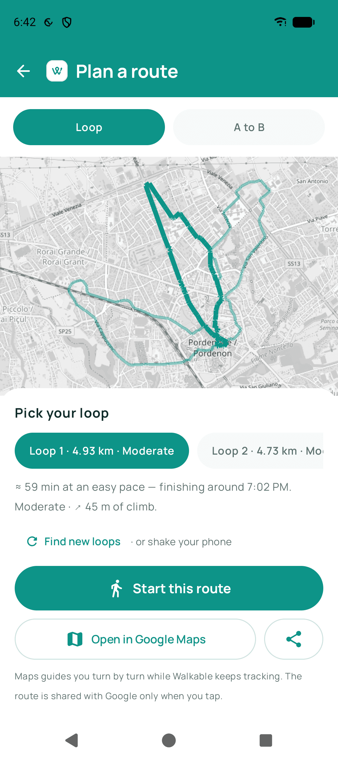 The Plan a route screen with Loop and A to B tabs. Two candidate loops are drawn on the map, and the picker offers Loop 1 at 4.93 km, moderate, roughly 59 minutes at an easy pace with 45 m of climb.