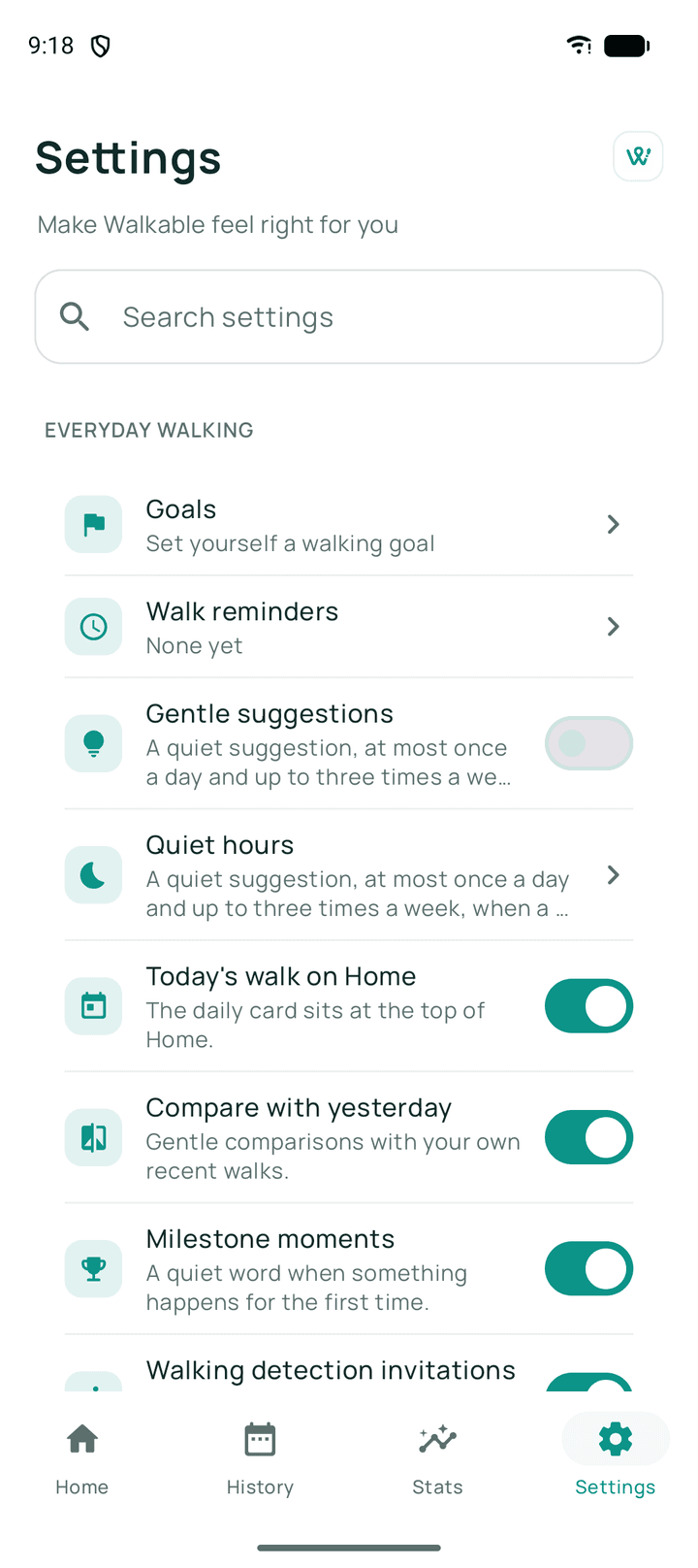 The Everyday walking settings: goals, walk reminders reading “None yet”, gentle suggestions, quiet hours, and switches for today's walk on Home, comparing with yesterday and milestone moments.