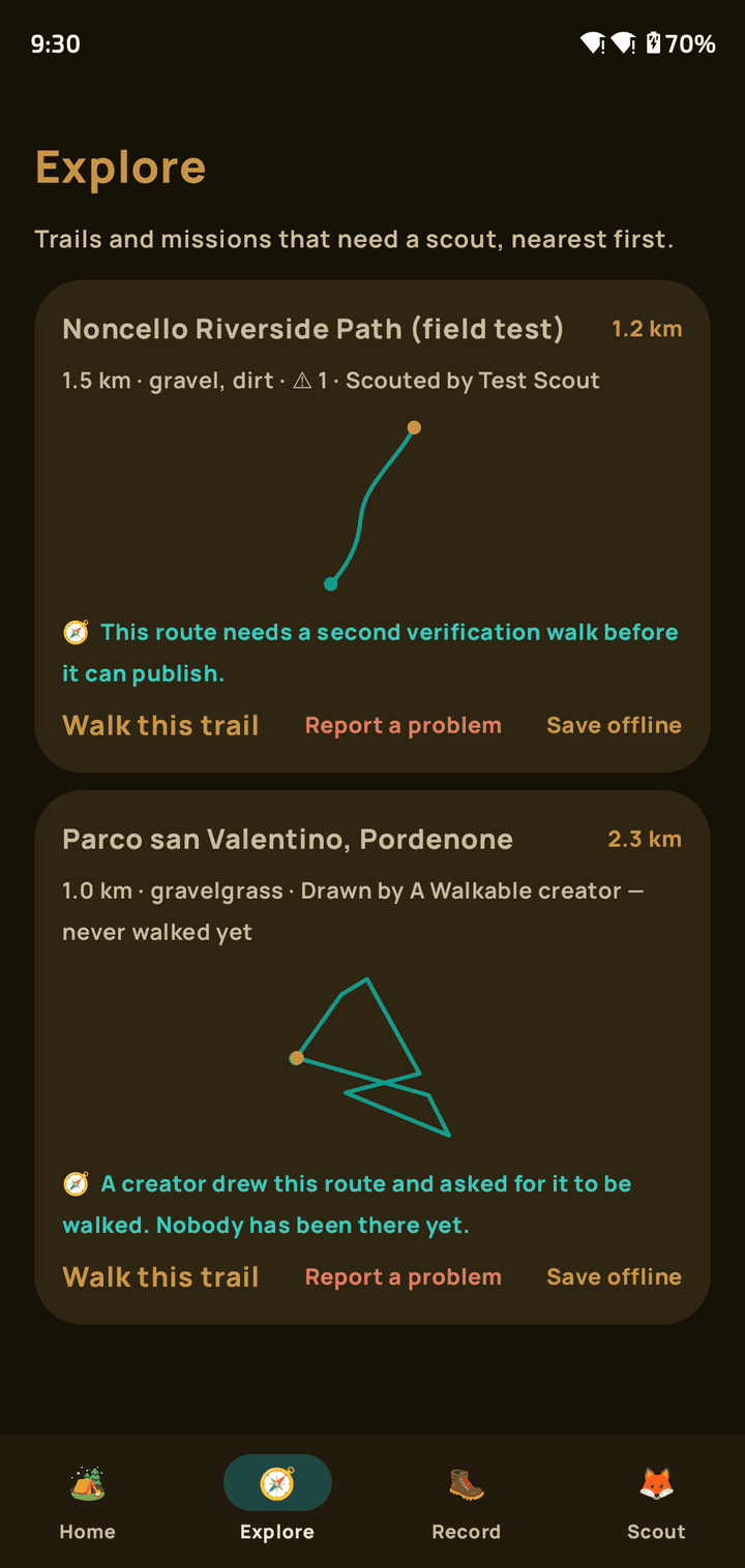 Trail Scout's Explore tab, listing trails and missions that need a scout: one route recorded once and marked “This route needs a second verification walk before it can publish”.