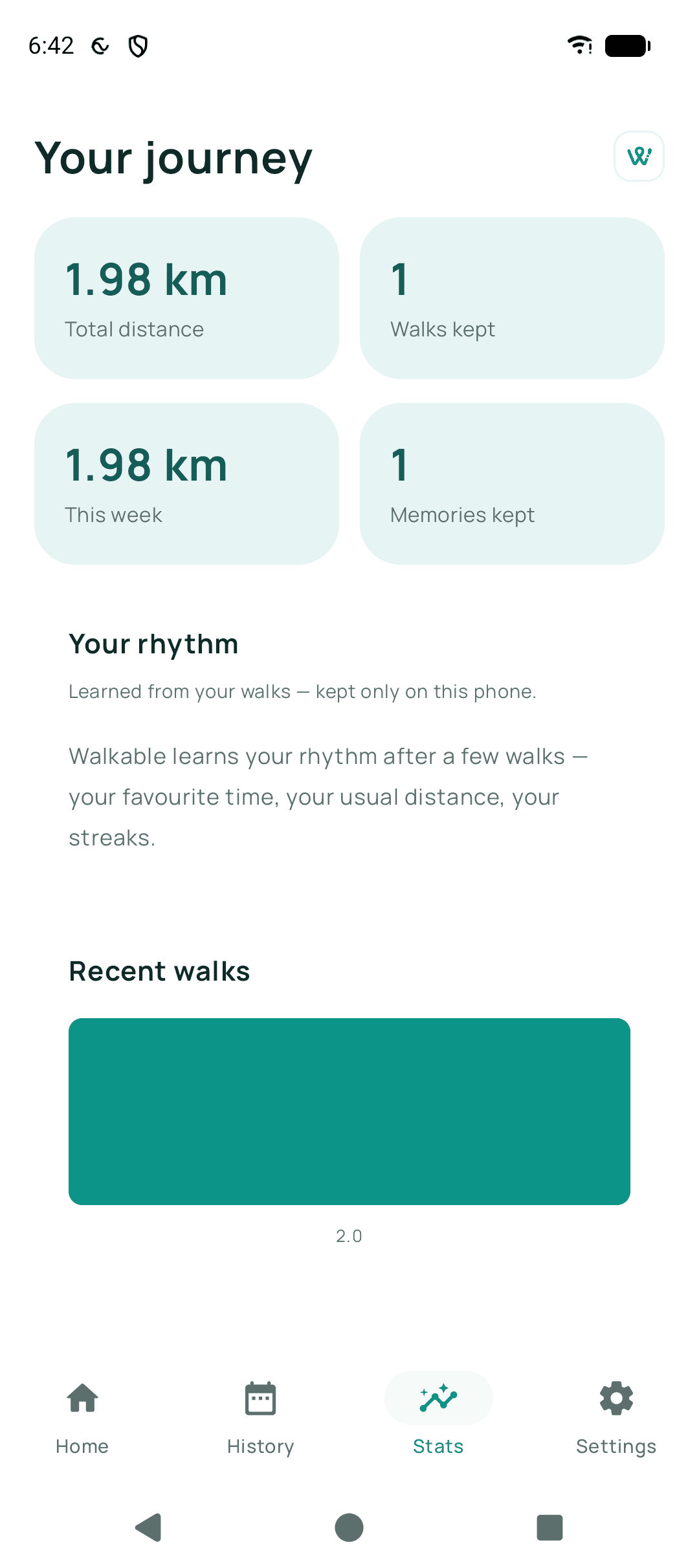 The Your journey screen showing total distance, walks kept, distance this week and memories kept, then a section headed Your rhythm which notes that it is learned from your walks and kept only on this phone.