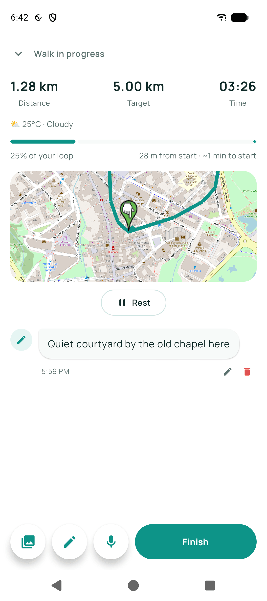 A walk in progress showing 1.28 km against a 5.00 km target, 3 minutes 26 seconds elapsed, a progress bar reading 25% of your loop, the route on the map, and a note kept mid-walk.
