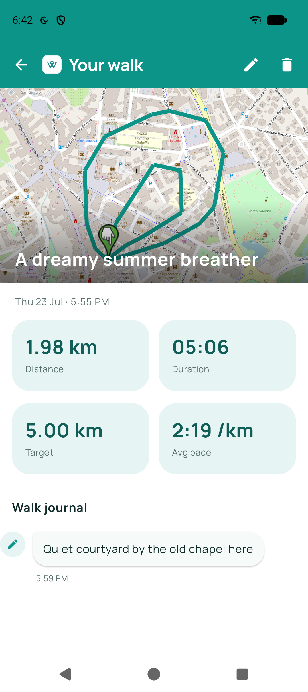 A finished walk summary with route, stats and journal